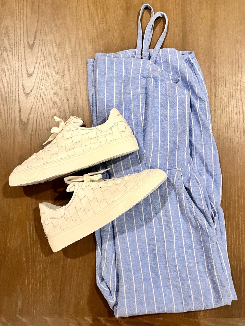 Old Navy Light Blue & White Striped Cropped Jumpsuit - Size Medium